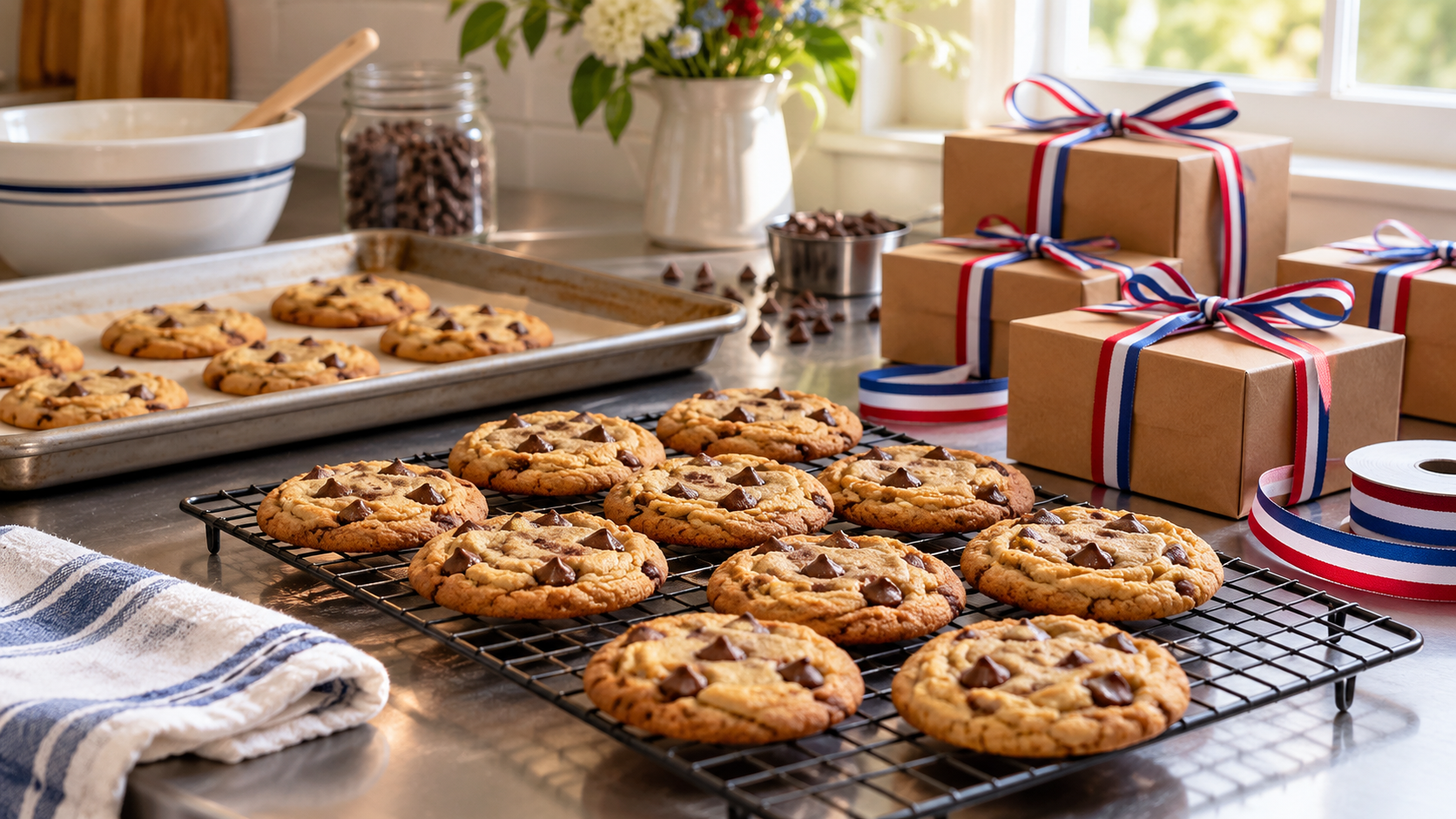 Illustrative cookies, baking trays and ribbon-wrapped gift boxes on a kitchen worktop.