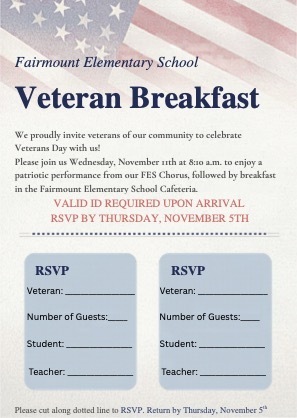 Fairmount Elementary Veteran Breakfast invitation and RSVP form with November 11 at 8:10 a.m., valid ID requirement and November 5 RSVP deadline.