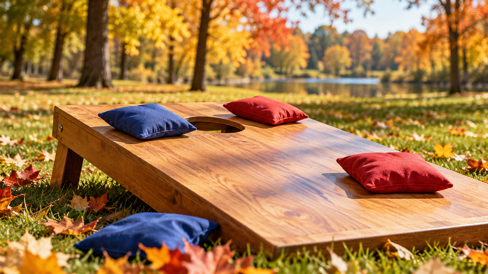 Illustrative cornhole board with red and blue bean bags in an autumn park.