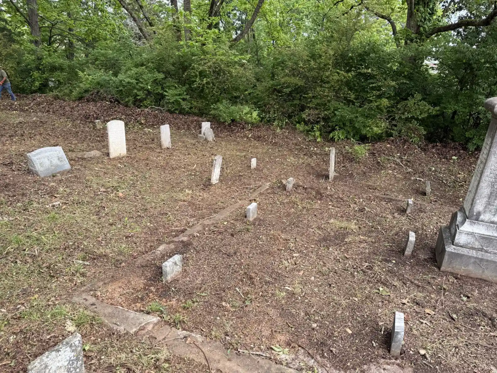 Rows of small gravestones in a cleared section of Jasper City Cemetery.